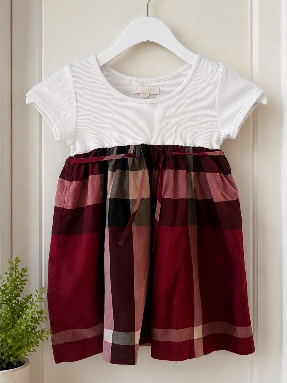 Burberry Kids White Top with Red & Burgundy Check Skirt Dress